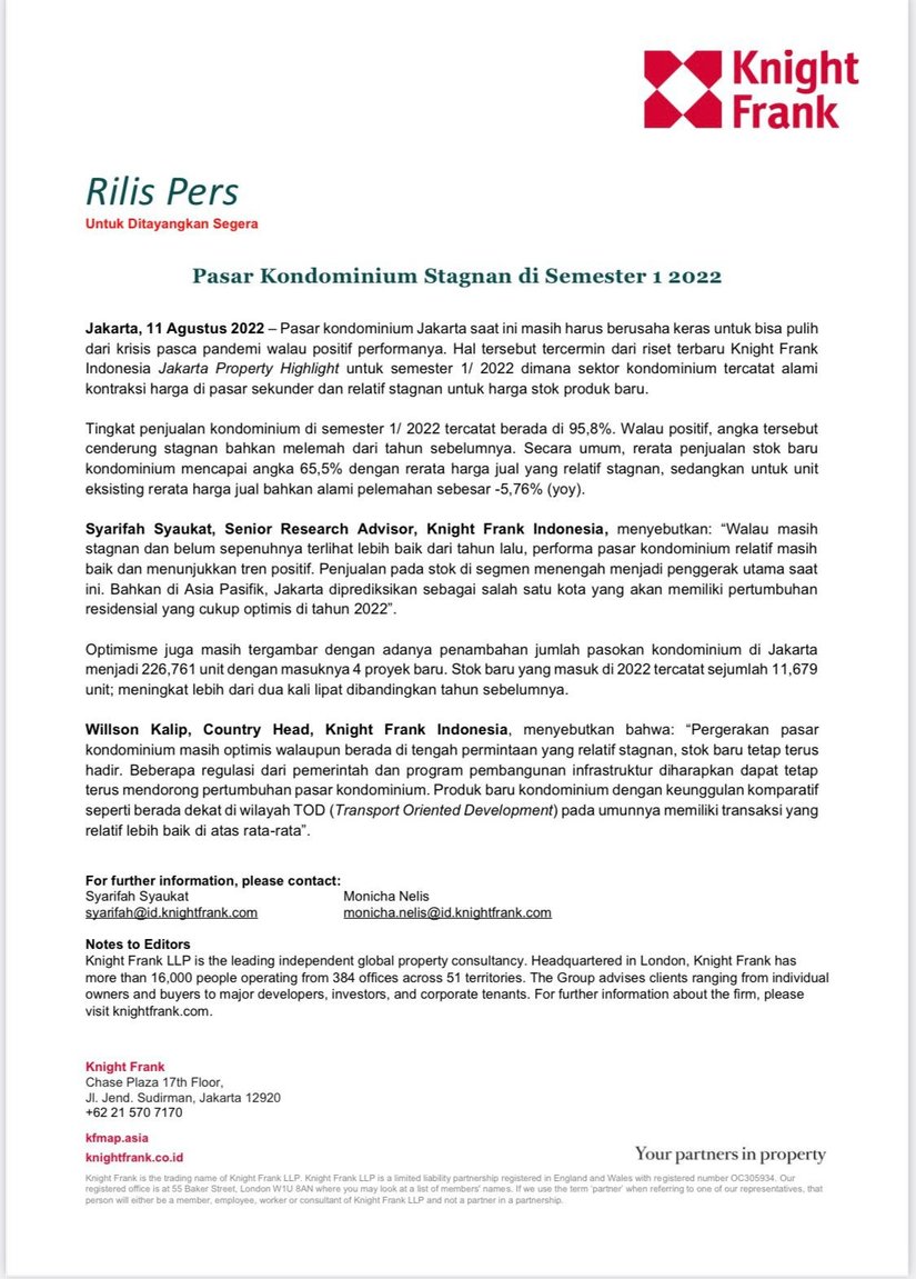 Rilis Pers - Pasar Kondominium Stagnan di Semester 1 2022 | KF Map – Digital Map for Property and Infrastructure in Indonesia